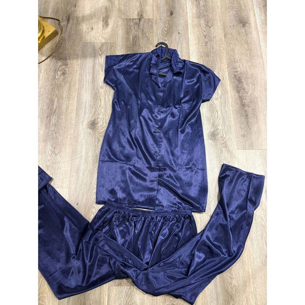 Navy Satin Pajama Set with Lace Trim NWT
